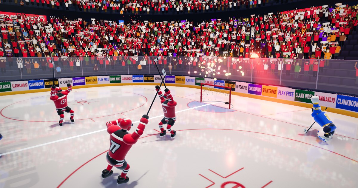 Clankland Hockey: a Red skater flattens a Blue skater into the glass at center ice while the crowd jumps